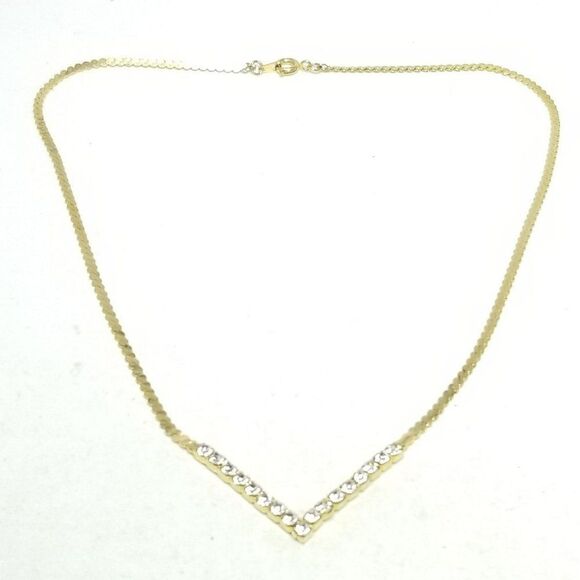 Vintage V Shape Rhinestone and Gold Tone Chain Necklace, Minimal Sparkle, Estate - Picture 1 of 6
